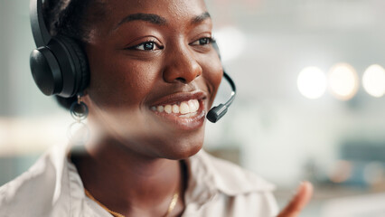 Aufkleber - Call center, black woman and consultant with headset in office for crm system, consultation or review. Space, audio tech and African customer service agent with online help, support or contact us.