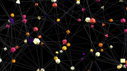 Fototapete - Stock photo of an abstract network visualization with colorful polygons connected by lines. Ideal for tech, data, and network concepts.