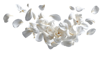 Poster - White flower petals falling on beautiful delicate soft romantic floral image pure calm light macro clean fresh on transparent background
