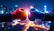© photostockatinat - Boxing gloves representing business rivalry with a night city view in the background