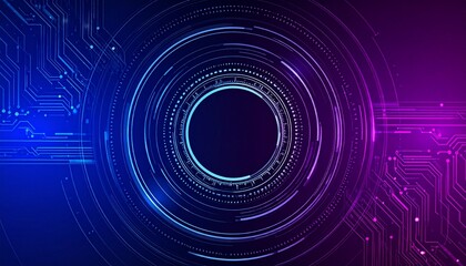 Leinwandbilder - Abstract technology background with glowing neon circles and circuit board pattern. The design features a central circular element surrounded by concentric rings of light.