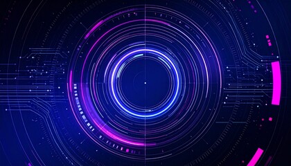 Leinwandbilder - A mesmerizing futuristic design composed of concentric circles and intricate circuit patterns. The circles glow with neon blue and pink hues, creating a dynamic and technological atmosphere