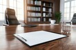 © Ghiska - Office desk workspace with clipboard and glass of water modern business interior