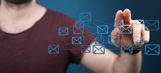 Poster - Person managing emails, digital communication, network concept.