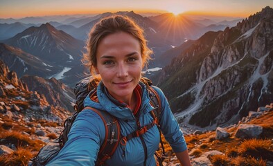 Aufkleber - Woman is taking a selfie on a mountain top. She is smiling and wearing a blue jacket
