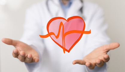 Poster - Image of a doctor's hands presenting a heart with a heartbeat graphic, representing cardiology, healthcare, and heart health.
