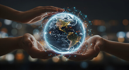 Poster - Hands Protecting a Glowing Earth Constellation Overlay on Blurred City Lights Background
