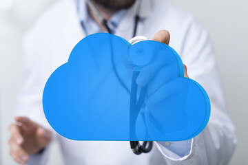 Aufkleber - Image of a doctor holding a cloud icon, representing cloud-based healthcare solutions and digital health.