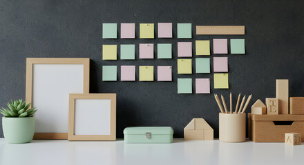 Poster - Minimalist Workspace with Pastel Sticky Notes on Textured Wall Featuring Wooden Frames and Succulent on White Desk