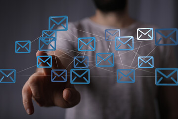 Leinwandbilder - Image of interconnected email icons, representing global communication and networking.