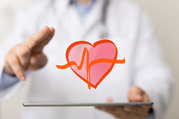 Poster - Image of a doctor using a tablet to show a heart with a heartbeat line.  Perfect for healthcare, medical technology, and cardiology.