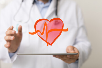 Aufkleber - Image of a doctor holding a tablet displaying a heart with a heartbeat graphic.  Perfect for healthcare, medical, and technology websites.
