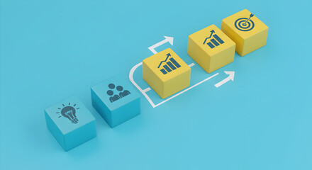 Poster - Strategic Planning Process Displayed With Light Blue and Yellow Blocks Representing Business Stages on Blue Background