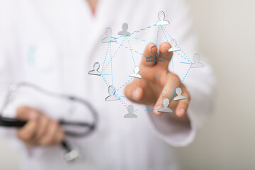 Poster - Healthcare professional managing patient network.  Medical connection, telehealth.