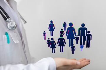 Aufkleber - Image of a doctor's hands holding a digital icon representing a family, symbolizing healthcare for all.