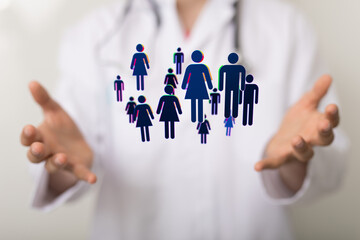 Poster - Image of a doctor's hands gently holding a network of diverse people icons, representing healthcare, community, and patient care.