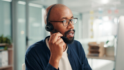 Aufkleber - Business, call center and black man in office talking for contact us, crm service and customer support. Glasses, professional consultant and person with headset for communication, advice and feedback