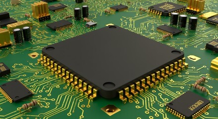 Poster - Advanced Microchip Technology on Circuit Board - High-tech microchip, innovation, electronic components, technological advancement, circuit board technology. Symbolizes progress, innovation