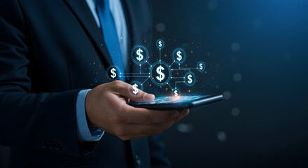 Poster - Financial Executive Holding Digital Tablet with Glowing Dollar Symbols on Dark Blue Background