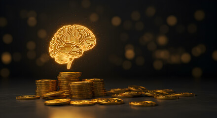 Poster - Glowing Golden Brain Icon Above Stack of Coins on Dark Surface with Bokeh Lighting