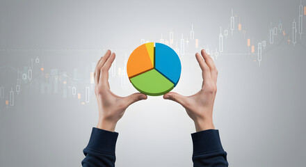 Poster - Hands Presenting a Pixelated Pie Chart with Stock Market Data on Light Gray Background