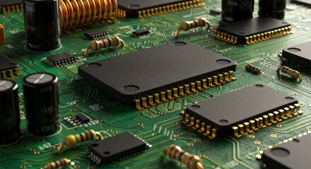 Poster - Circuit Board Technology Close Up - Detailed close-up of a circuit board showcasing microchips, resistors, and capacitors. High-tech electronic components