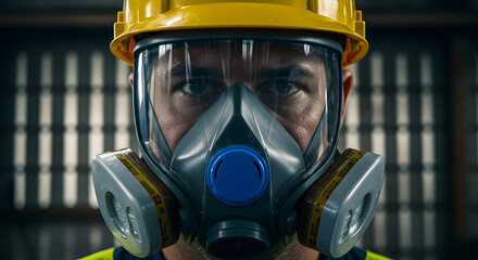Poster - Intense Gaze of a Construction Worker with Yellow Hardhat and Respirator in an Industrial Setting With Natural Lighting