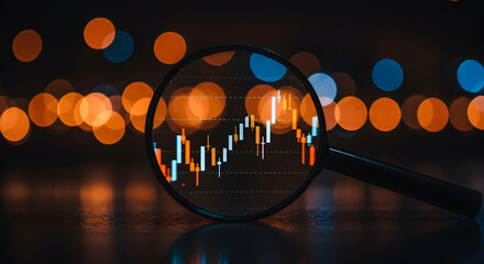 Poster - Magnifying Glass Focused On Stock Chart With Orange and Blue Bokeh Background