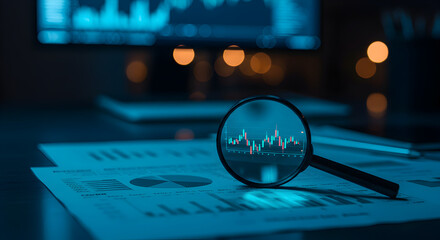 Poster - Magnifying Glass Reveals Financial Charts on Dark Table with Market Data on Screen