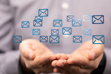 Poster - Hands holding network of email icons.  Digital communication, global connection, networking.