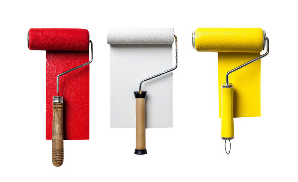 Set of various colors paint roller brush with red,white and yellow isolated on transparent background.