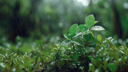 Aufkleber - Close up of green shrub with raindrops, lush foliage, nature scene, fresh and vibrant atmosphere