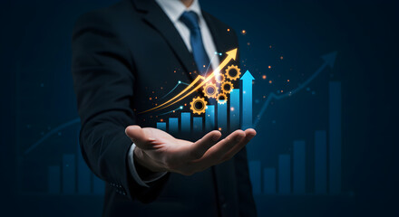 Poster - Suited Businessman Presenting Financial Growth Graph with Gears and Upward Arrows in Dark Blue Gradient