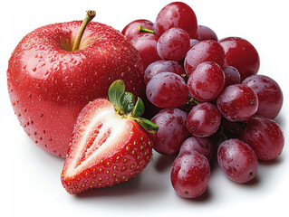 Aufkleber - Fresh apple, strawberry, and grape with water drops on white background, vibrant and healthy fruit selection