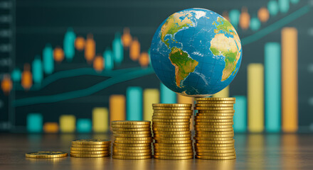 Poster - Global Financial Growth Concept Stacked Gold Coins with Globe and Stock Chart Background in Soft Studio Lighting