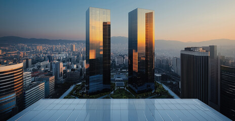 Poster - Modern urban landscape with twin glass skyscrapers, city skyline, and sunrise reflecting on buildings