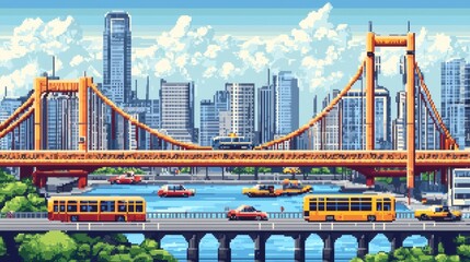 Poster - Vibrant 8-bit urban landscape with pixel art buildings and lively streets