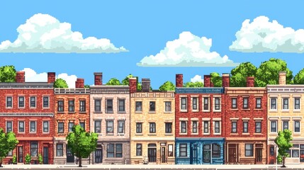 Poster - Vibrant 8-bit urban landscape with pixel art buildings and lively streets