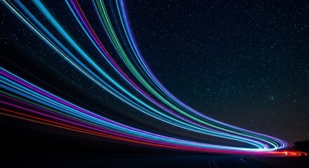Poster - Night Sky Light Trails Abstract Curve - Abstract symbolizing speed, technology, journey, progress, and the future. Colorful light trails curve under a starry night sky