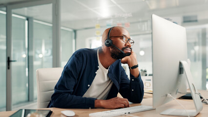 Leinwandbilder - Bored, office and tired black man in call center for contact us, crm service and customer support. Business, professional consultant and person with headset for fatigue, low energy and burnout