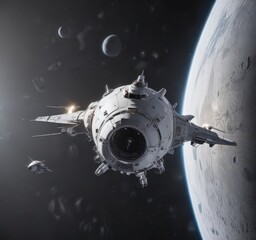 Wall Mural - Sleek spacecraft orbiting luminous white planet  , nebula, white dwarf