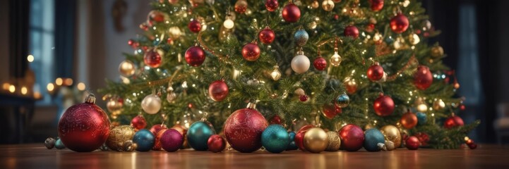 Wall Mural - Ornate Christmas tree, vibrant baubles, soft bokeh lights , holiday, festival, festive