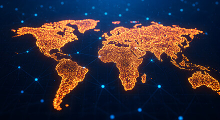 Poster - Glowing Orange World Map on Dark Blue Background Highlighting Global Connectivity and Digital Network