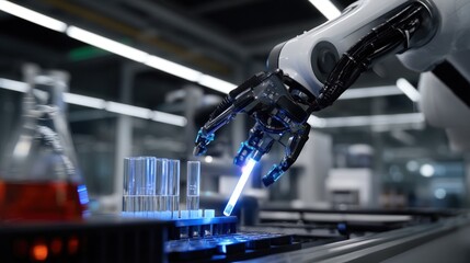 Poster - a futuristic robotic arm manipulating lab equipment in an automated drugtesting environment demonstr