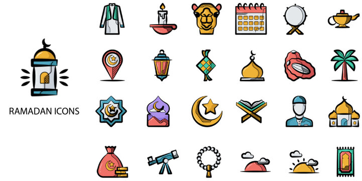 Ramadan simple concept 24 hand drawn color icons set .Vector illustration.