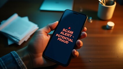 Poster - Smartphone Screen Displaying Scam Alert Message Warning of Potential Fraud in a Dimly Lit Office