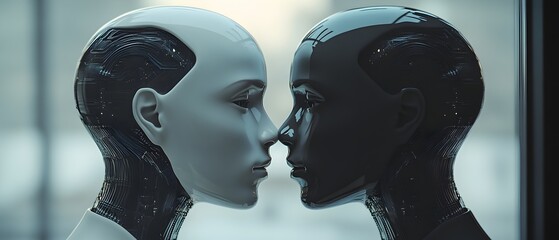 Poster - Two robots with black and white faces are looking at each other