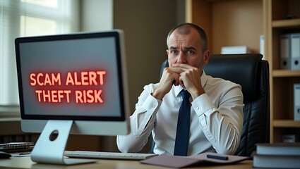 Poster - office worker reacts to scam alert message on screen