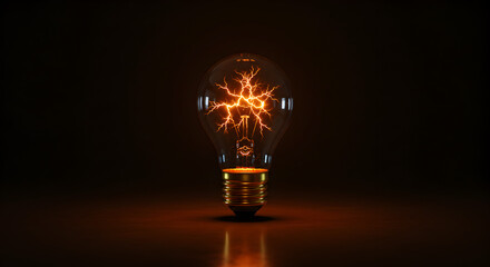 Poster - Dramatic Lightbulb with Orange Sparks Against Dark Brown Background Concept