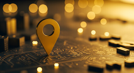Fototapete - Golden Location Marker Pin Points on Circuit Board Technology With Abstract Background Lighting